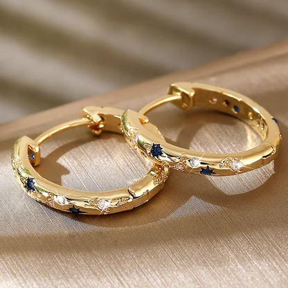 Boucles d'Oreilles Dorées Vintage avec Zirconia Bleue