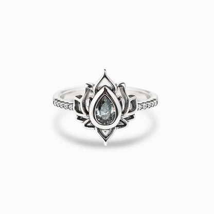 Bague goutte zircon bleu argent lotus – Léo