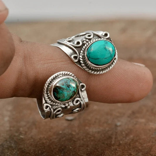 Bague ajustable turquoise argent gravée – Inès
