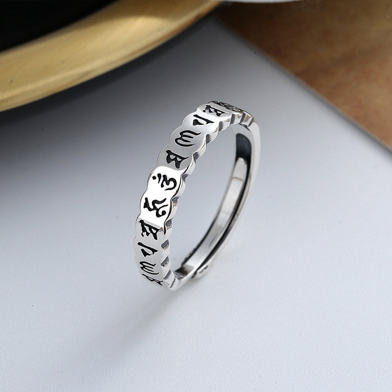 Bague argent gravée symboles noirs – Léo