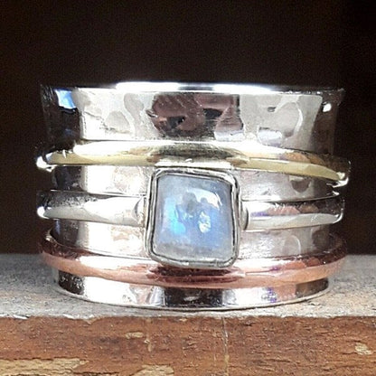 Bague superposée pierre de lune argent or cuivre – Léo