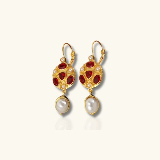 Boucles d'oreilles Goutte Dorée en Pierre Rouge