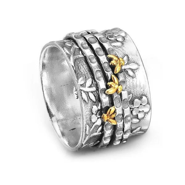 Bague argent motifs floraux abeilles plaqué or – Léa