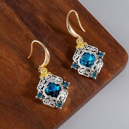 Boucles d'oreilles à Crochet en Plaqué or avec Cristaux Bleus