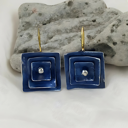 Boucles d'oreilles carrées vintage bleues plaqué or