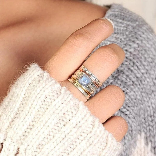 Bague superposée pierre de lune argent or cuivre – Léo
