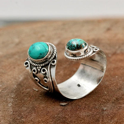 Bague ajustable turquoise argent gravée – Inès