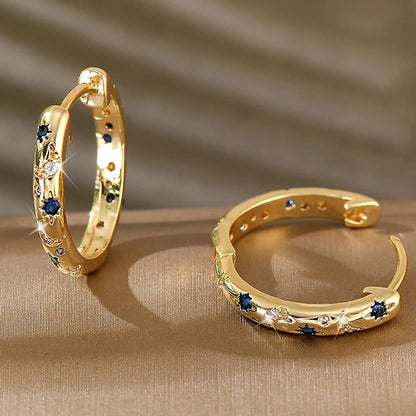 Boucles d'Oreilles Dorées Vintage avec Zirconia Bleue