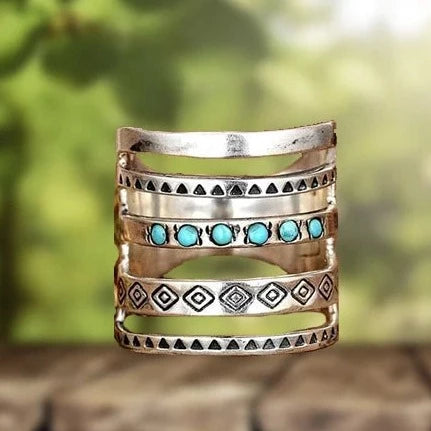 Bague ajourée métal argenté turquoise – Lise
