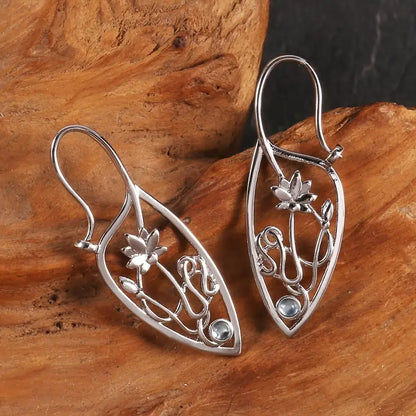 Boucles d'Oreilles Pendantes en Argenté Lotus Creux Vintage