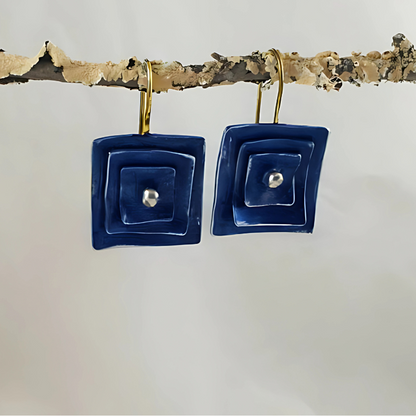 Boucles d'oreilles carrées vintage bleues plaqué or