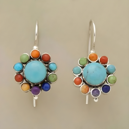 Boucles d'Oreilles en Hoops Ethniques Argentées Multicolores