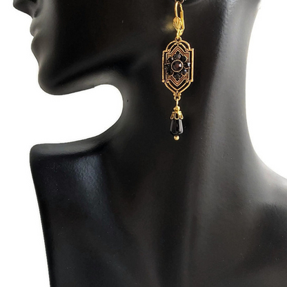 Boucles d'Oreilles Vintage en Cristaux Noirs Suspendus Or