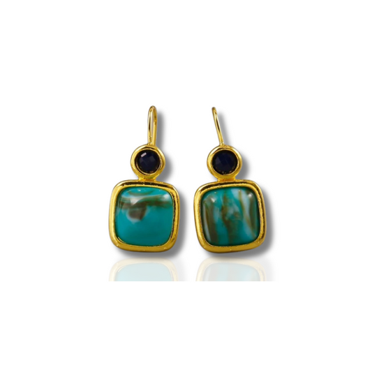 Boucles d'oreilles gouttes turquoise et lapis lazuli plaqué or