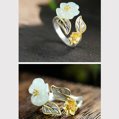Bague fleur jade blanc plaqué argent – Lila