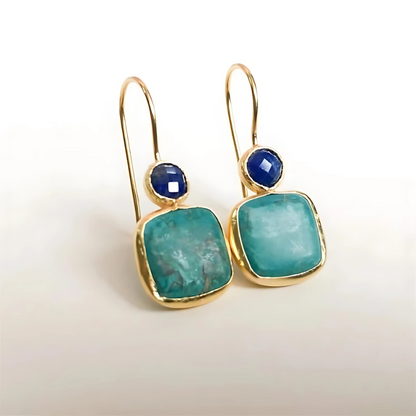 Boucles d'oreilles gouttes turquoise et lapis lazuli plaqué or