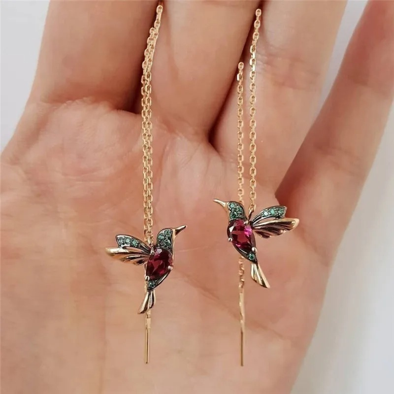 Boucles d'oreilles Pendantes Colibri en émail avec Zircon