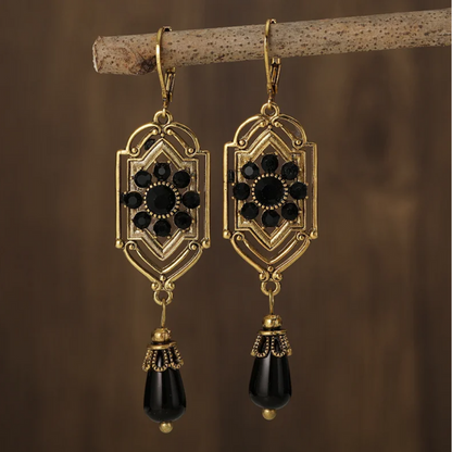 Boucles d'Oreilles Vintage en Cristaux Noirs Suspendus Or