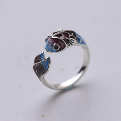 Bague ajustable poisson koi argent bleu marron – Léo
