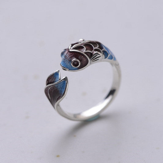 Bague ajustable poisson koi argent bleu marron – Léo