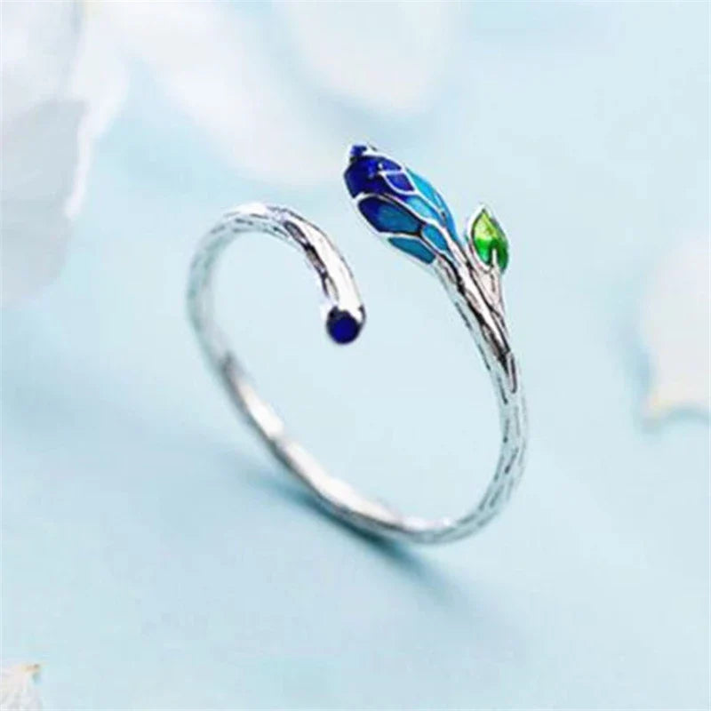 Bague feuilles émaillée argent bleu-vert – Léo
