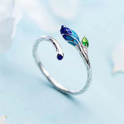 Bague feuilles émaillée argent bleu-vert – Léo