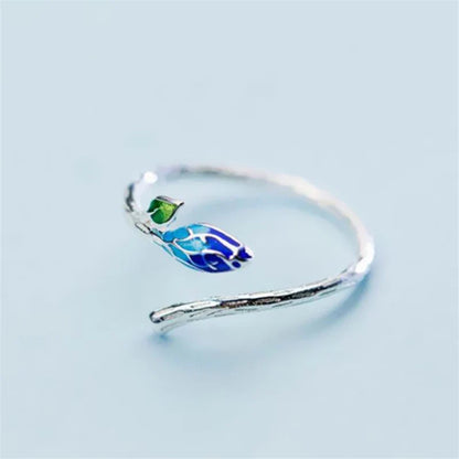 Bague feuilles émaillée argent bleu-vert – Léo