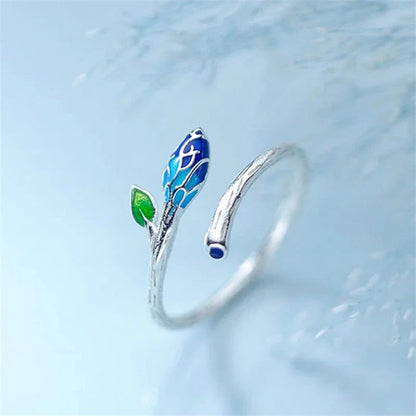 Bague feuilles émaillée argent bleu-vert – Léo