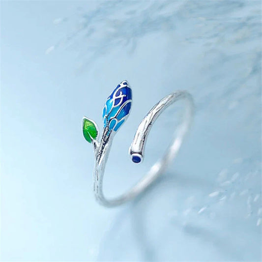 Bague feuilles émaillée argent bleu-vert – Léo