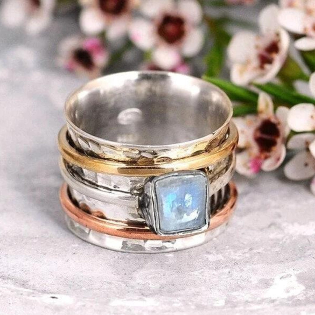 Bague superposée pierre de lune argent or cuivre – Léo