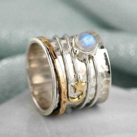 Bague multi-anneaux argent pierre de lune étoile – Léo