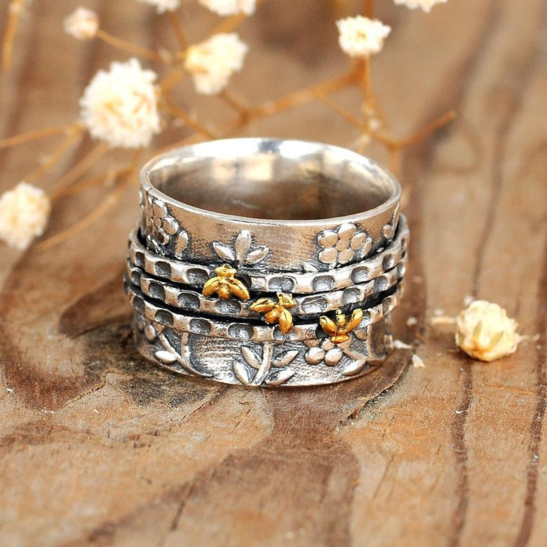 Bague argent motifs floraux abeilles plaqué or – Léa