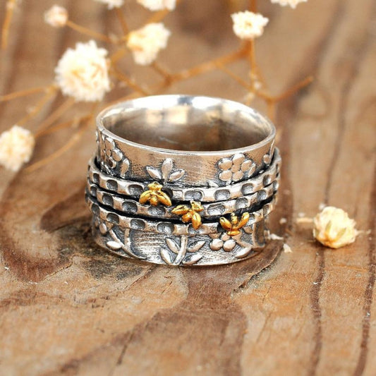 Bague argent motifs floraux abeilles plaqué or – Léa