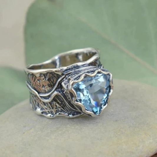 Bague cœur pierre bleue argent gravée – Léo