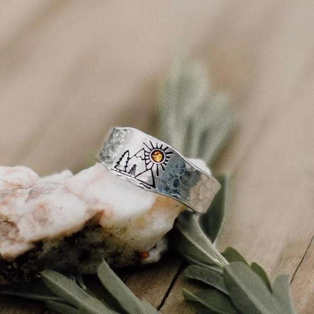 Bague argent motif montagne soleil pierre jaune – Léo