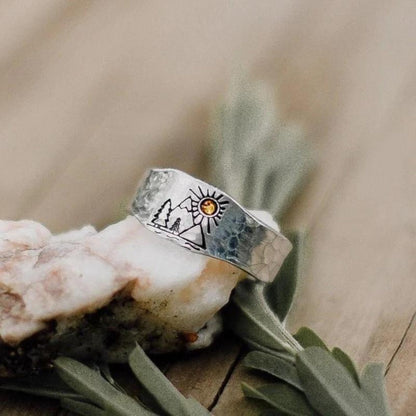 Bague argent motif montagne soleil pierre jaune – Léo