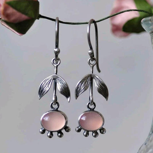 Boucles d’oreilles pendantes argent quartz rose feuilles – Léa