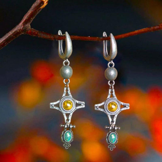 Boucles d’oreilles pendantes argent croix pierre verte – Lise