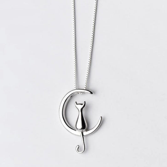 Pendentif chat croissant lune argent – Léo