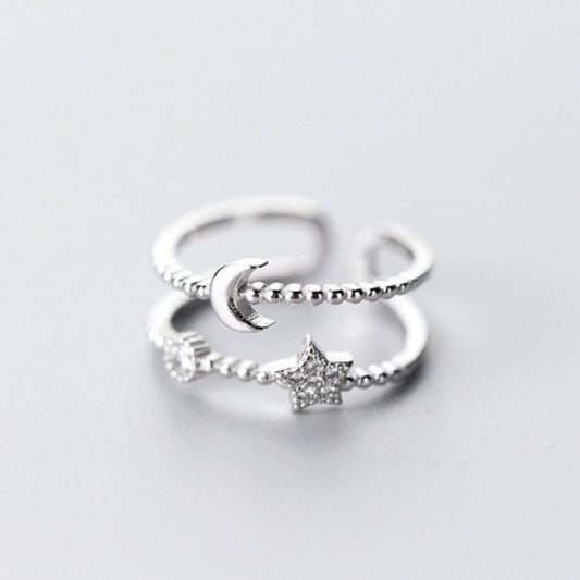 Bague ajustable argent étoile strass lune – Léo