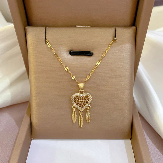 Collier pendentif cœur feuilles ajouré or zirconias – Lila