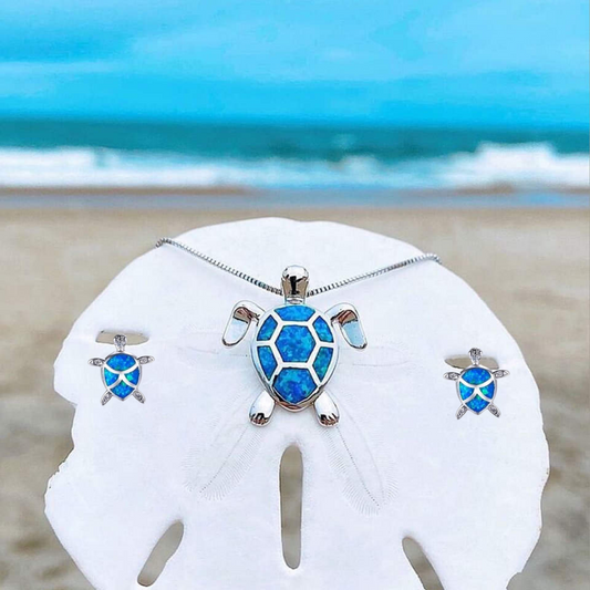 Collier et boucles d’oreilles tortue argent opale bleue – Léo