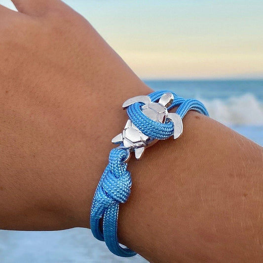 Bracelet corde tressée bleu tortue argent – Léo