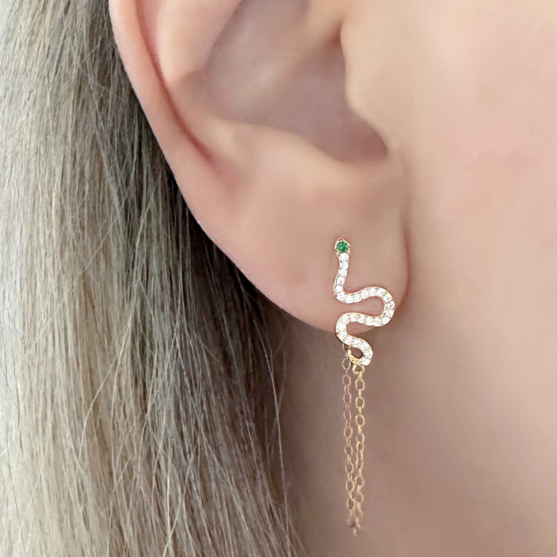 Créoles Serpent Dorées avec Zircone Verte et Blanche
