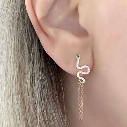 Créoles Serpent Dorées avec Zircone Verte et Blanche