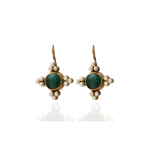 Boucles d'oreilles gouttes vintage avec perles et pierre verte plaqué or