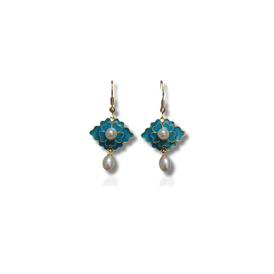 Boucles d'oreilles lotus bleues perles vintage plaqué or