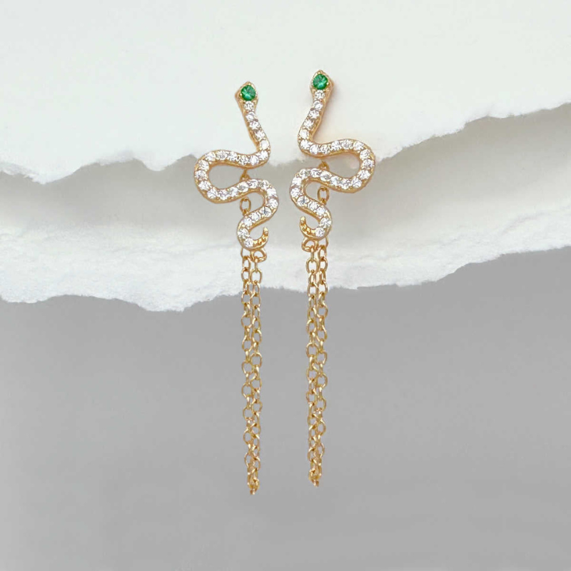 Créoles Serpent Dorées avec Zircone Verte et Blanche