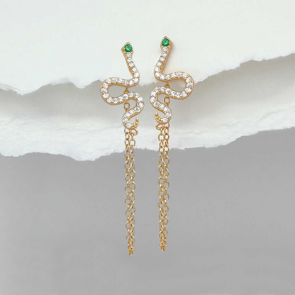 Créoles Serpent Dorées avec Zircone Verte et Blanche