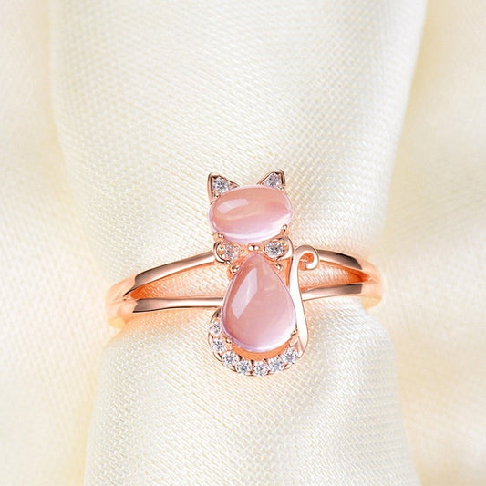 Bague chat or rose pierres roses cristal – Léo